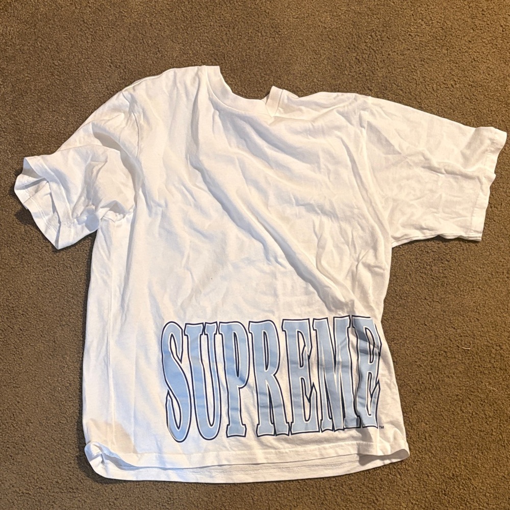 Supreme White Tee with Oversized Blue Lettering
